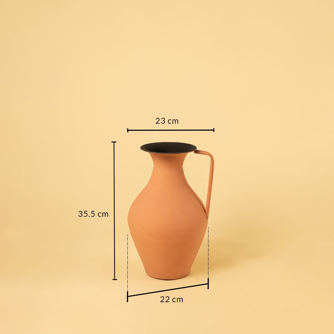 Terracotta metal tall jug vase decor with width 23 cm depth 22 cm and height 35.5 cm shown clearly for accurate size reference.
