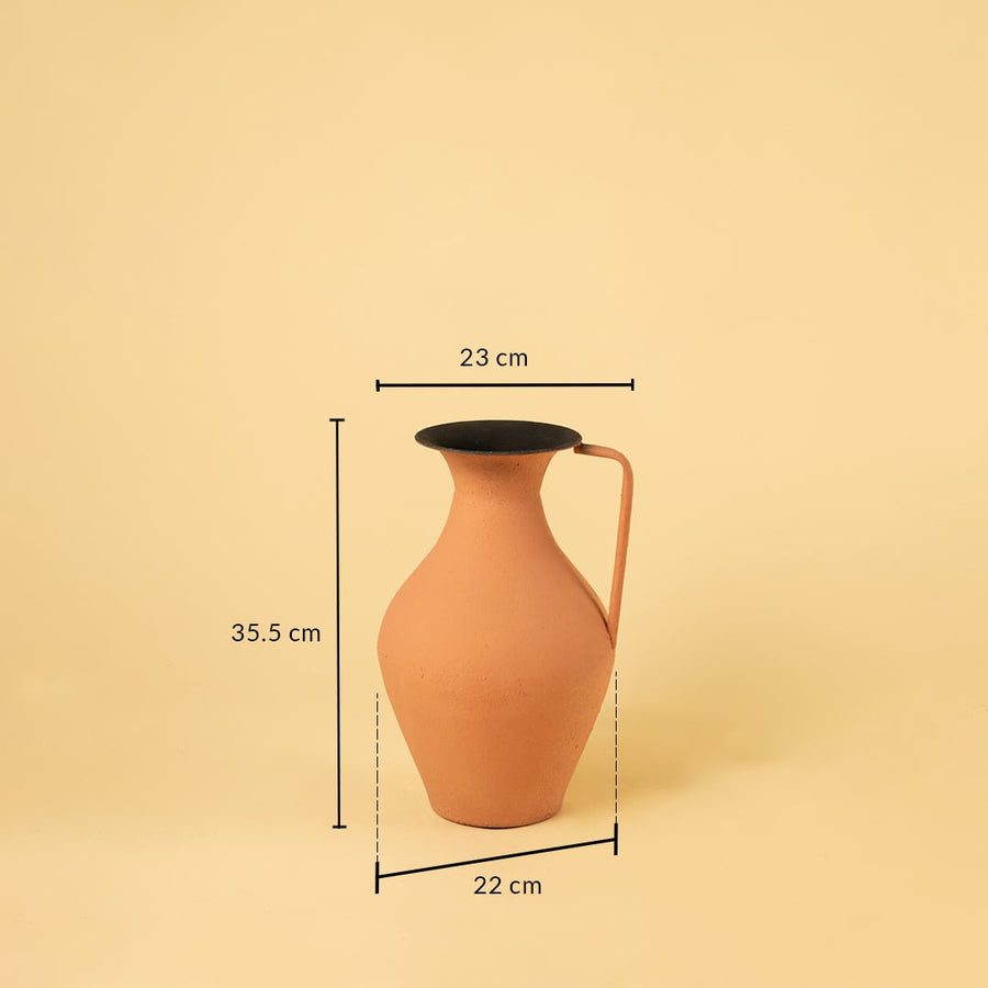 Terracotta metal tall jug vase decor with width 23 cm depth 22 cm and height 35.5 cm shown clearly for accurate size reference.