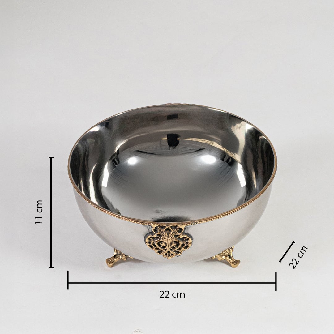 Silver metal fruit bowl with gold details shown with 11 cm height and 22 cm width dimension labels on white base.