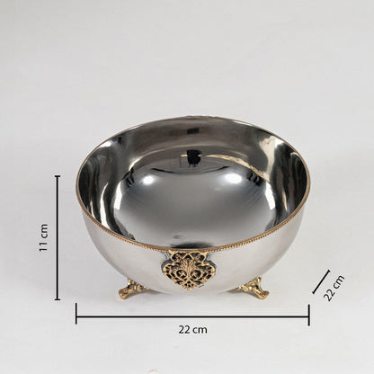 Silver metal fruit bowl with gold details shown with 11 cm height and 22 cm width dimension labels on white base.