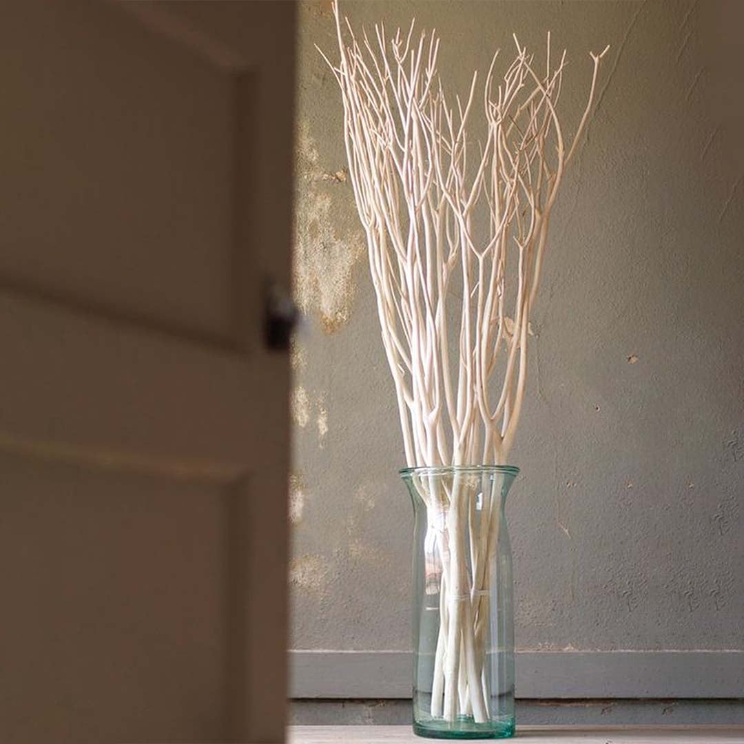 White decorative dried branches arranged in a clear glass vase placed near wall for minimal modern home decor styling.