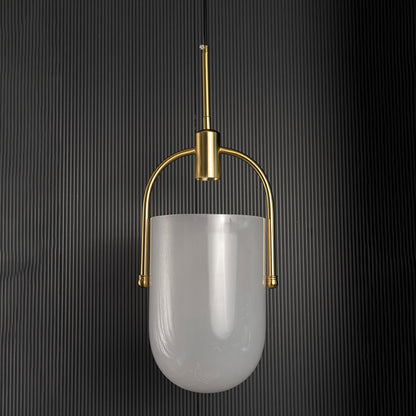Elegant gold and white pendant light turned off with soft frosted glass shade and metallic gold structure shown against a black background.