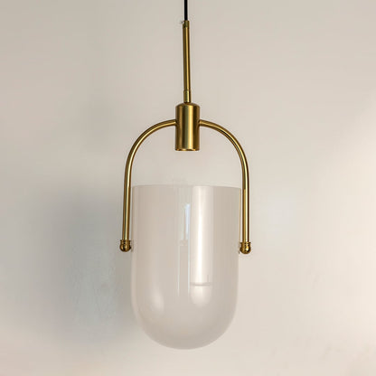 White frosted glass pendant light with gold frame crafted for elegant bedrooms and living spaces.