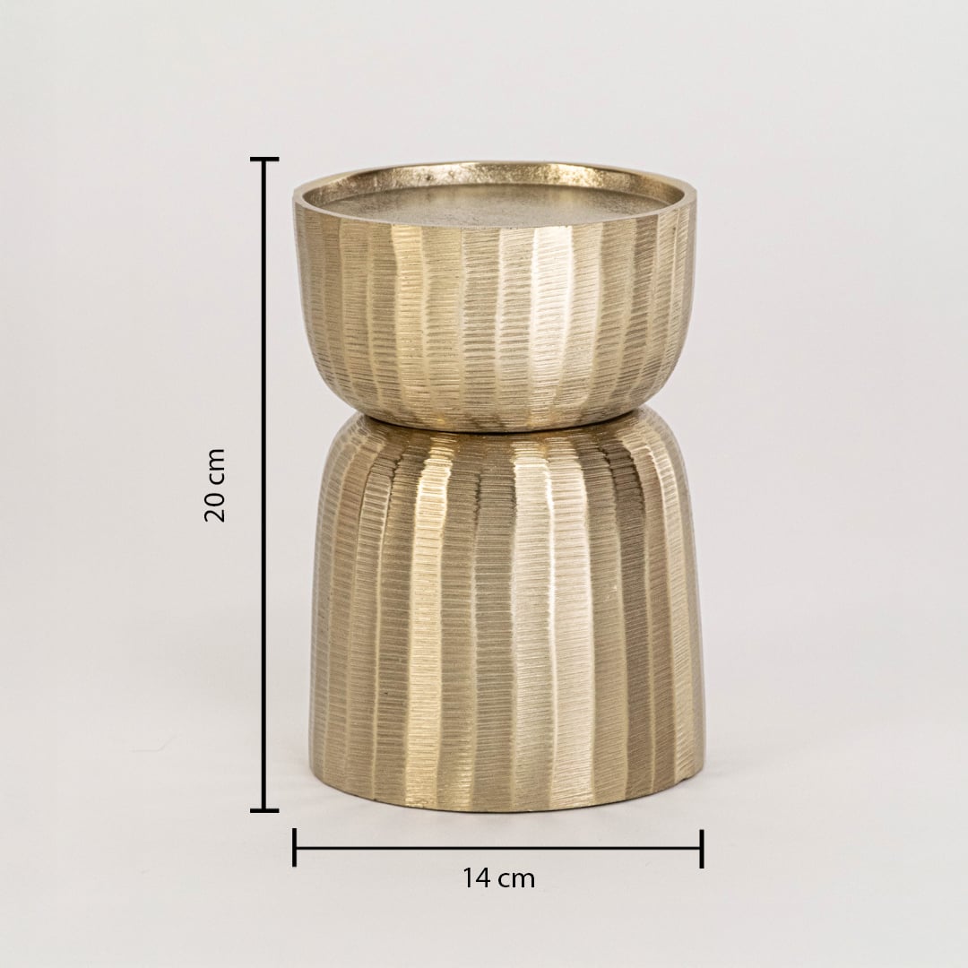 Gold metal decorative stand shown with 20 cm height and 14 cm width for accurate placement in modern interior accent decor settings.