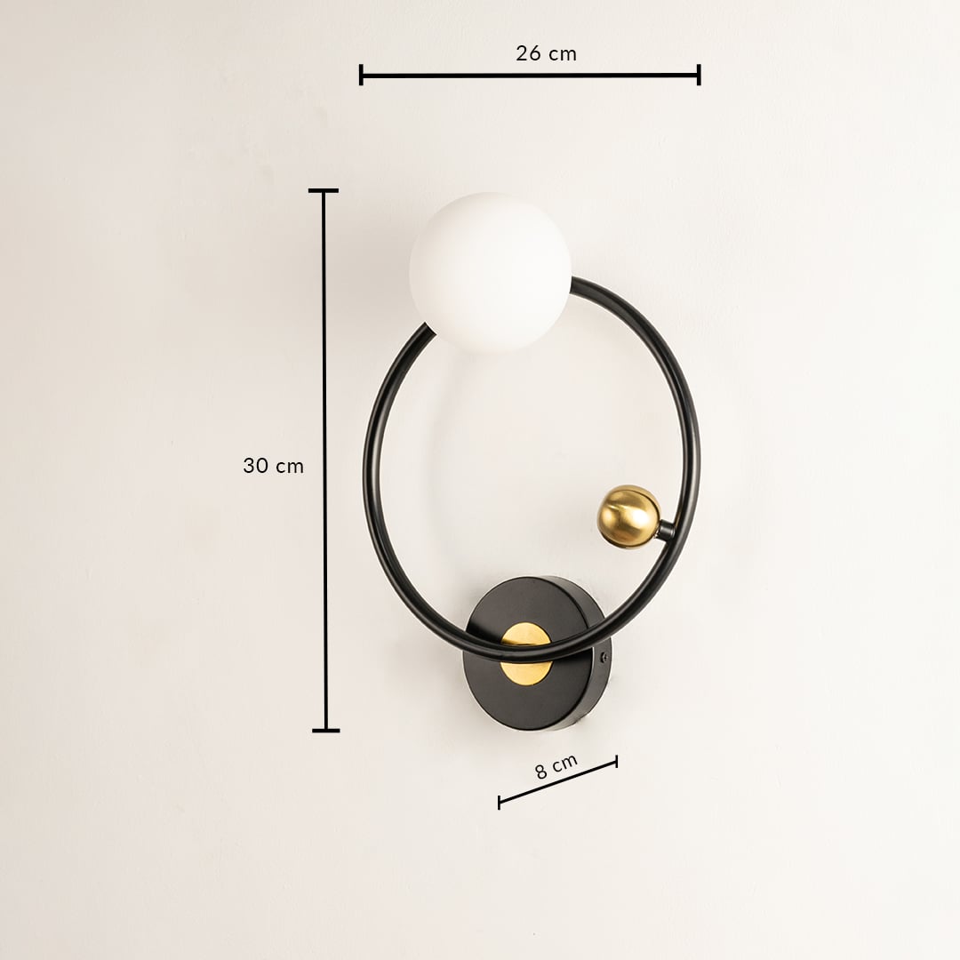 Modern black and gold circular wall light with white globe shown with width 33 cm and height 30 cm ideal for stylish contemporary décor in living spaces.