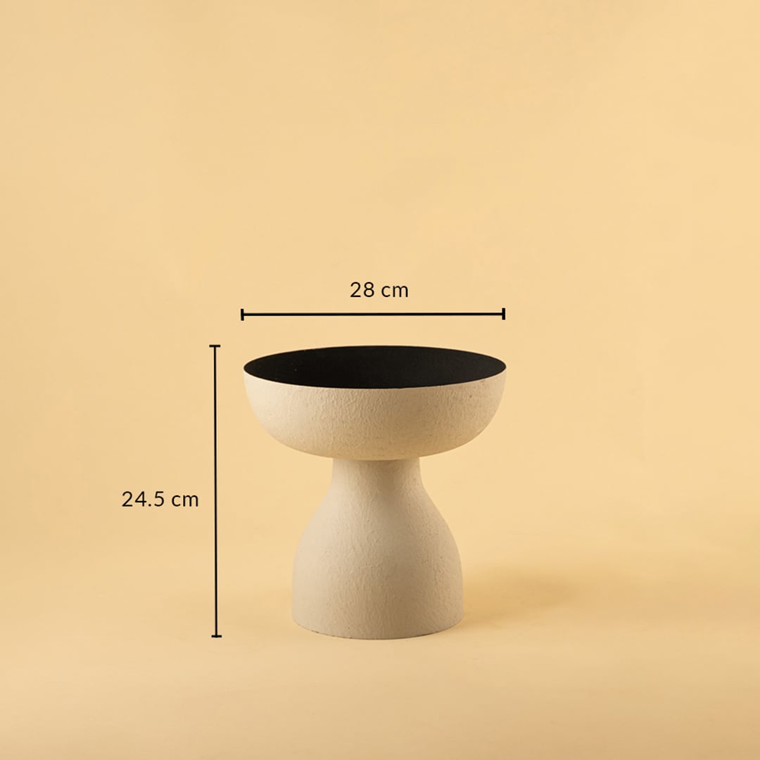 Grey textured pedestal vase bowl shown with 28 cm width and 24.5 cm height offering a clear accurate size reference.
