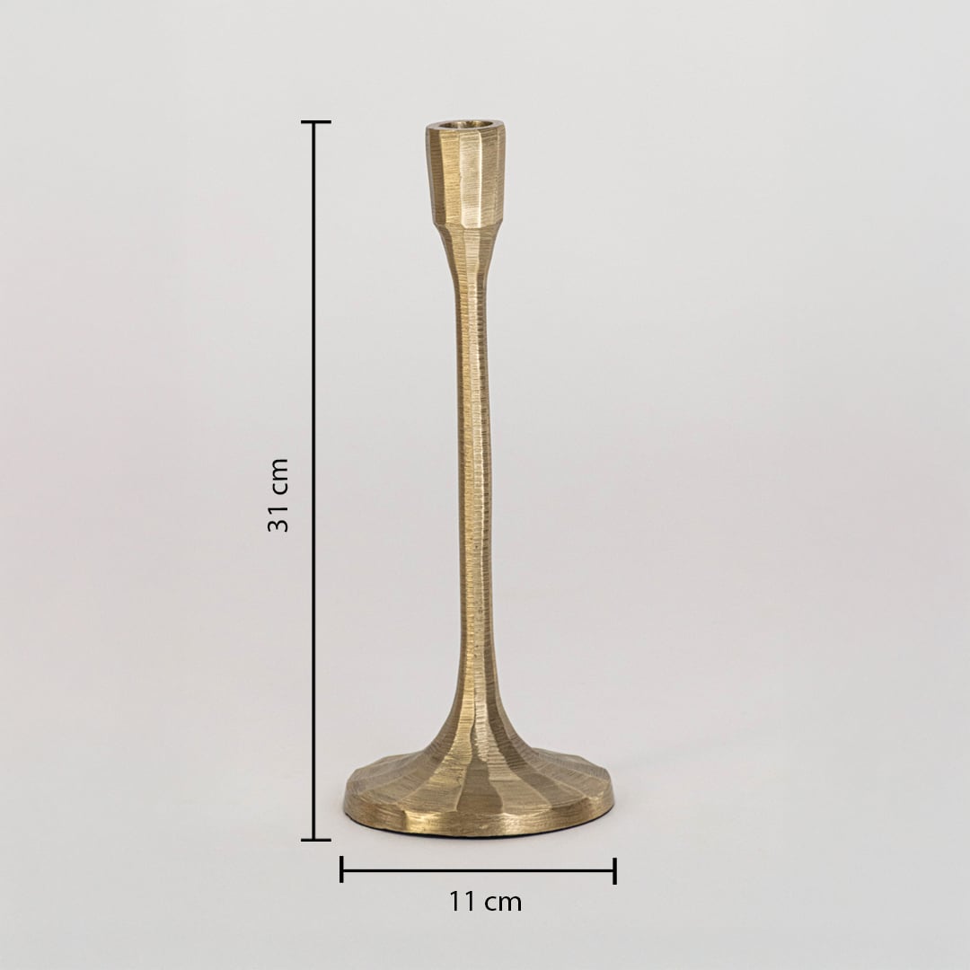 Gold candle holder with slim neck and faceted base measuring 31 cm high and 11 cm wide shown on white background
