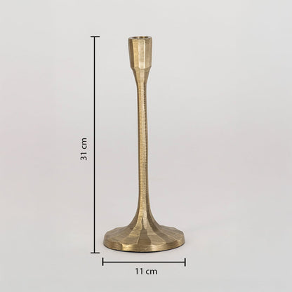 Gold candle holder with slim neck and faceted base measuring 31 cm high and 11 cm wide shown on white background