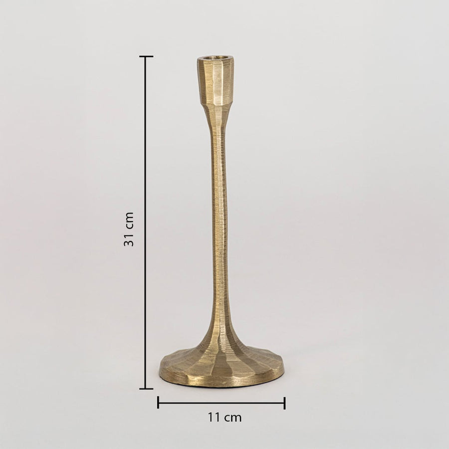 Gold candle holder with slim neck and faceted base measuring 31 cm high and 11 cm wide shown on white background