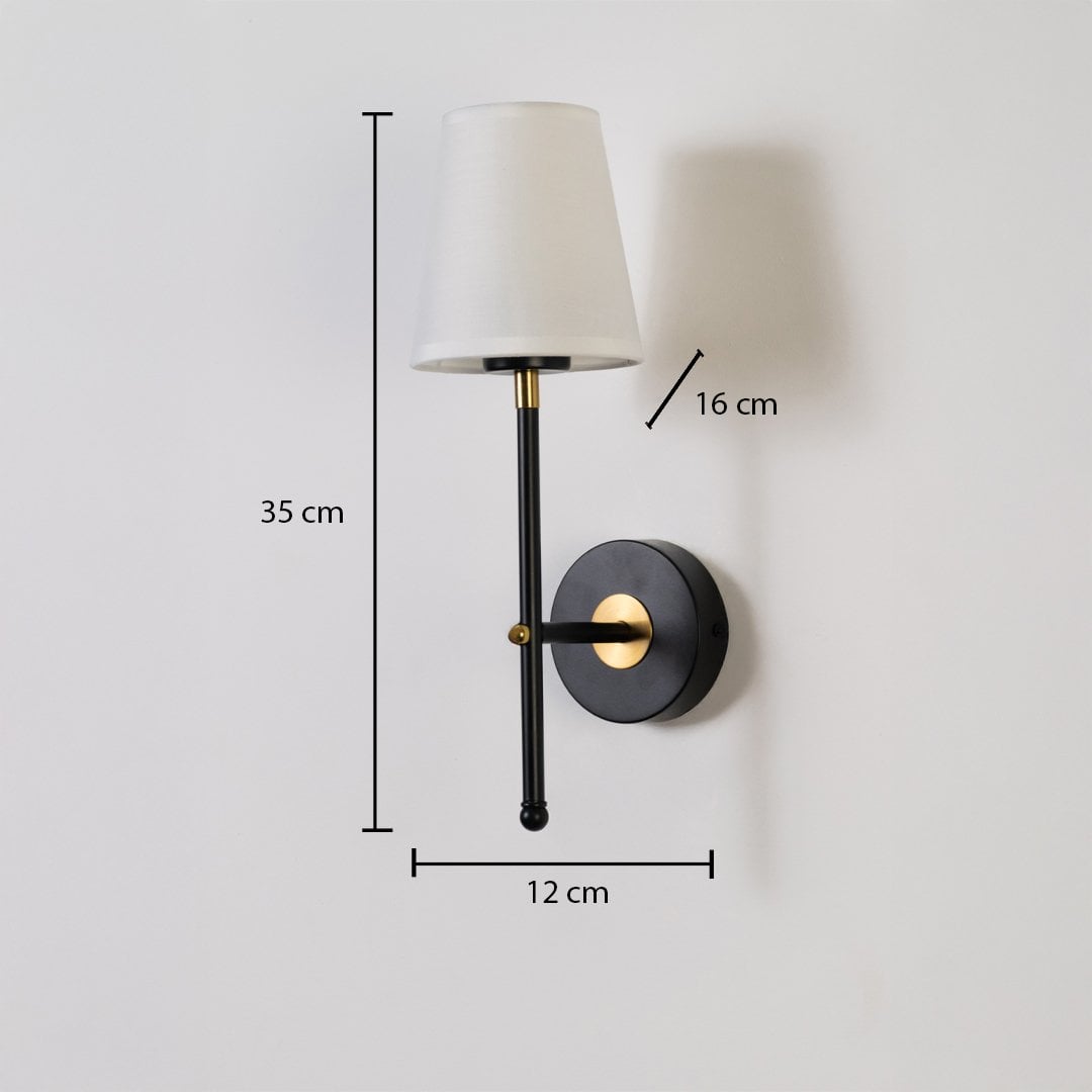 Black metal wall light with white fabric shade shown with 35 cm height 12 cm width and 16 cm depth for accurate modern indoor wall placement.