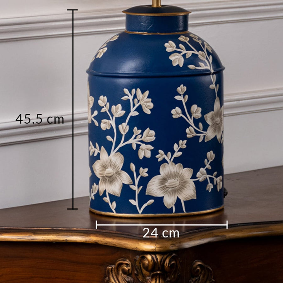 Table lamp dimension image featuring blue floral ceramic base with overall size around 45.5 cm height and 24 cm width.