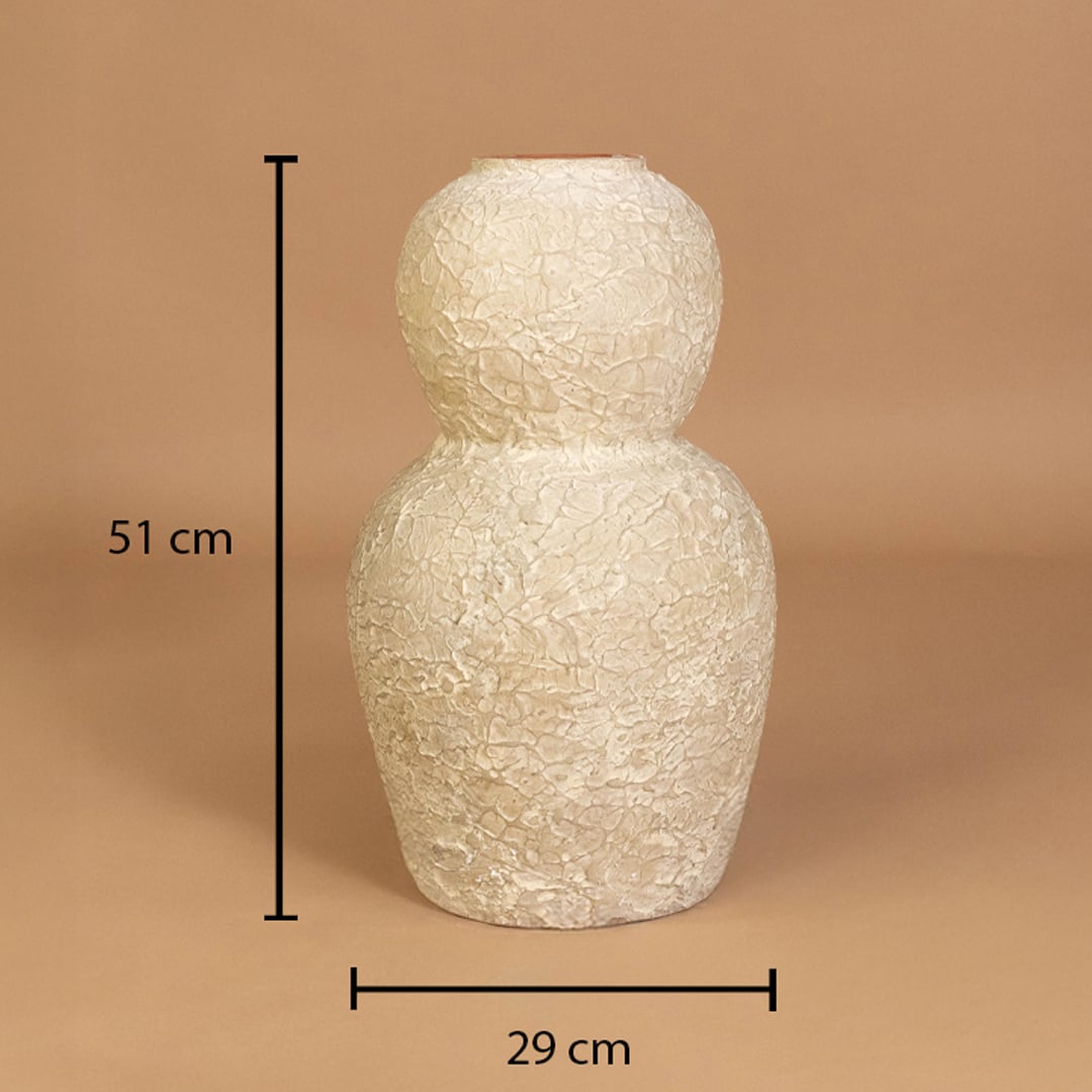 Cream textured decorative vase shown with 51 cm height and 29 cm width for accurate placement in modern home interior decor settings.
