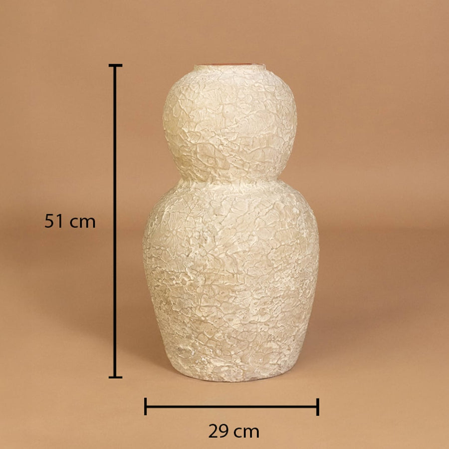 Cream textured decorative vase shown with 51 cm height and 29 cm width for accurate placement in modern home interior decor settings.