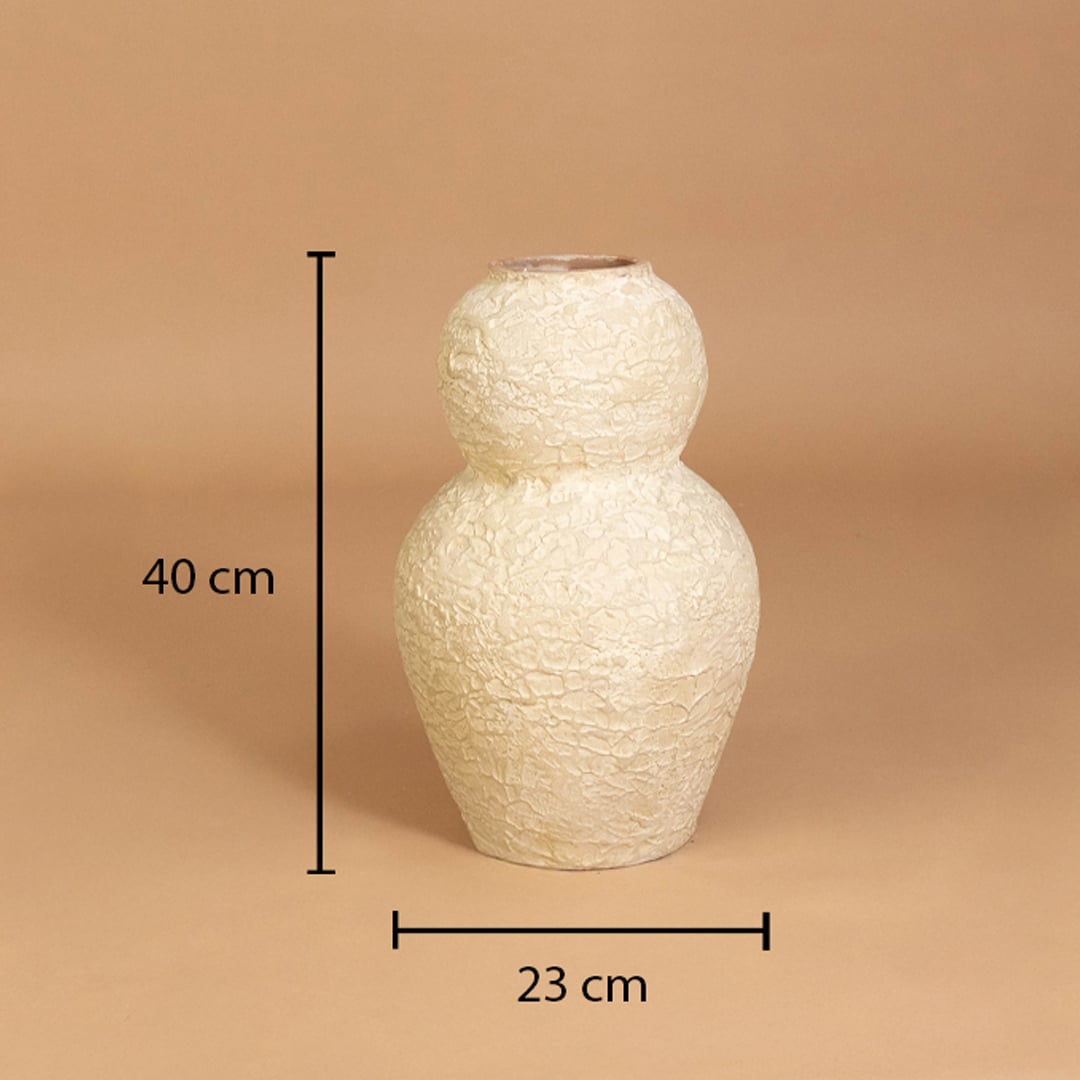Cream textured decorative vase shown with 40 cm height and 23 cm width for accurate placement in modern home interior decor settings.