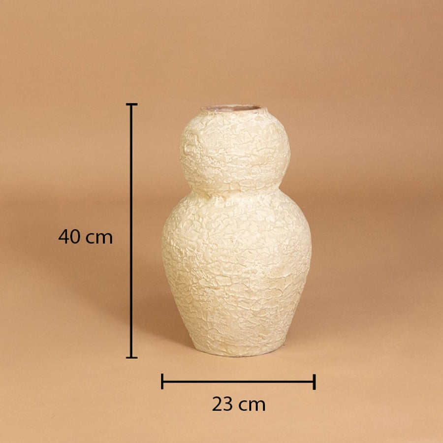 Cream textured decorative vase shown with 40 cm height and 23 cm width for accurate placement in modern home interior decor settings.