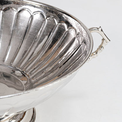Empty silver metal fruit bowl with fluted design and twin handles displayed on a clean white background surface.