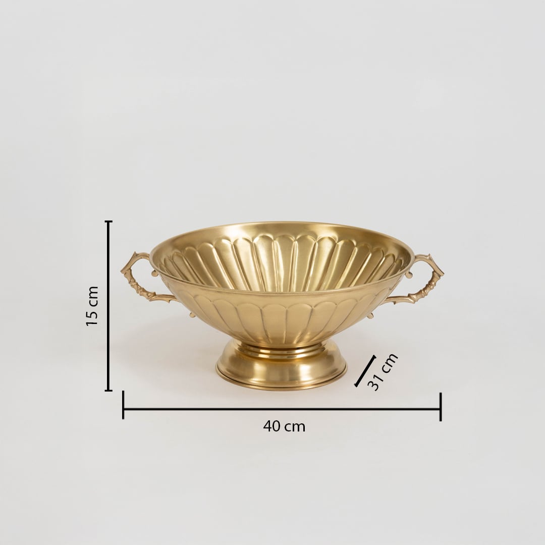 Gold fruit bowl with handles shown with 43 cm width 13.5 cm height and 22 cm depth placed on white background.