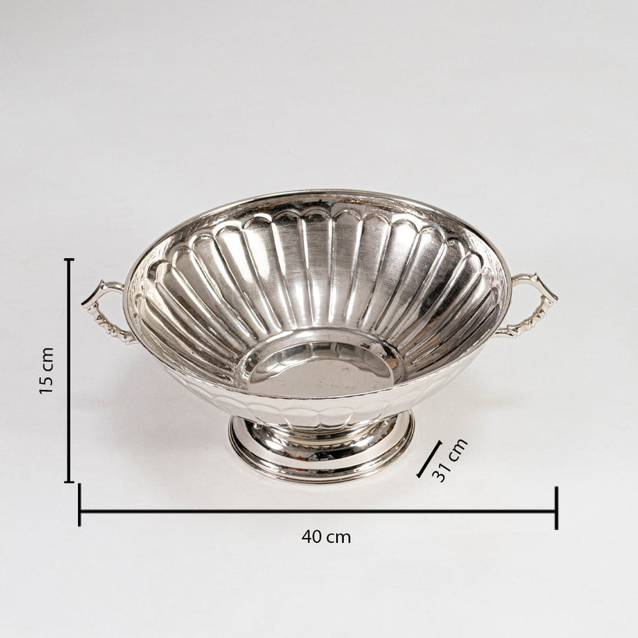 Silver fruit bowl with fluted body and twin handles shown with 40 cm width and 10 cm height on white background.