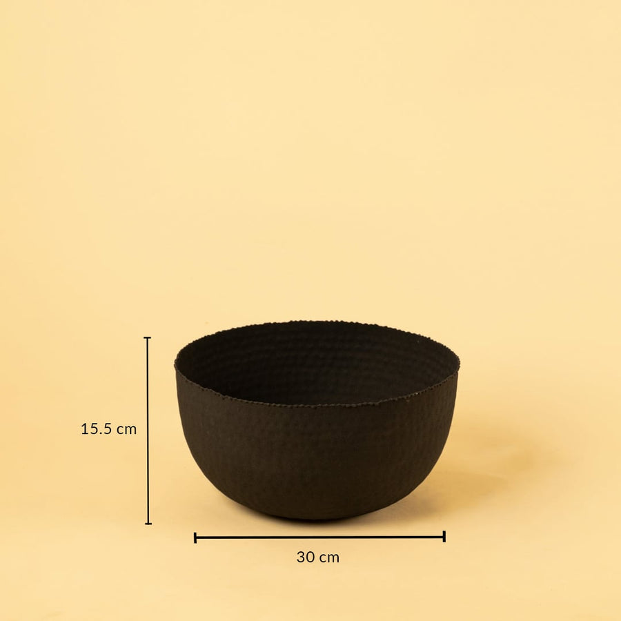 Black hammered metal bowl shown with 30 cm width and 15.5 cm height offering a clear accurate size reference.