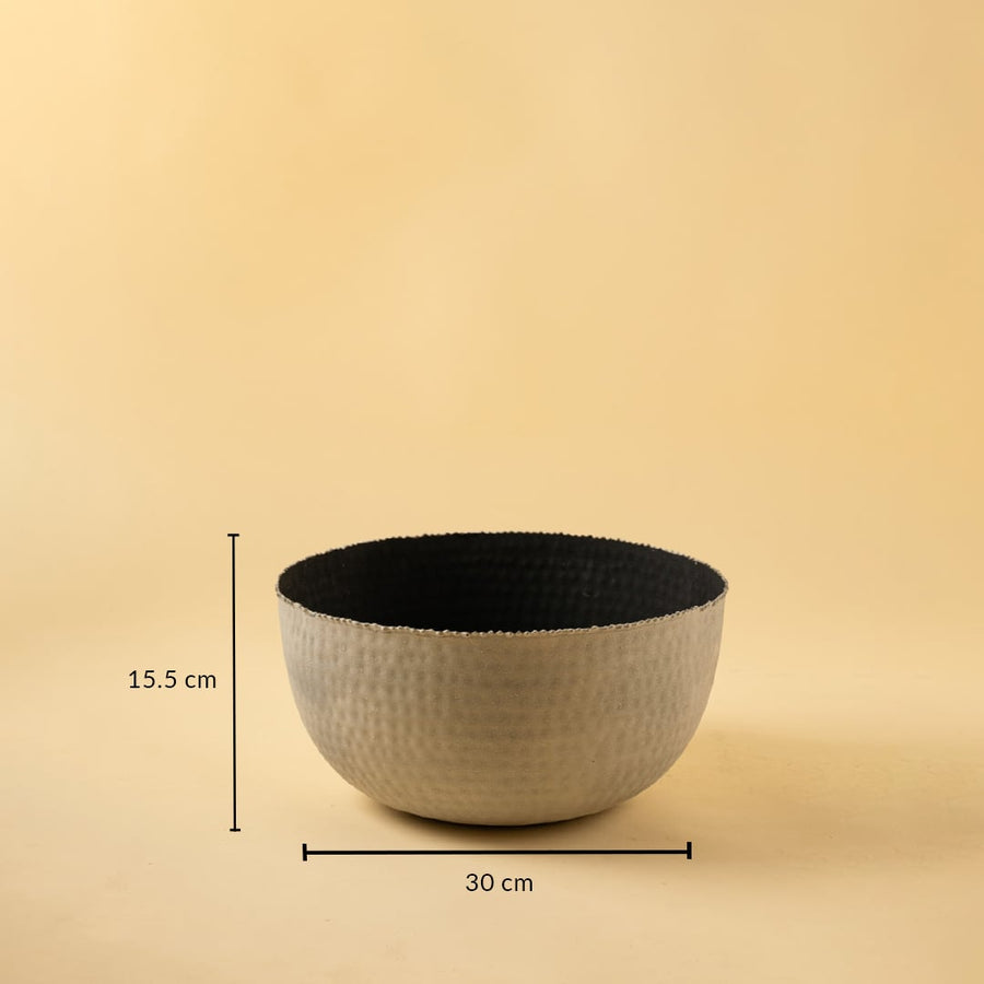 Grey hammered metal bowl shown with 30 cm width and 15.5 cm height offering clear and accurate size reference.