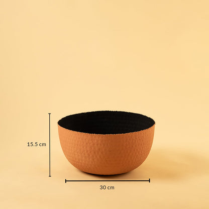 Terracotta hammered metal bowl shown with 30 cm width and 15.5 cm height offering a clear and accurate size reference.