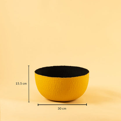 Yellow hammered metal bowl shown with 30 cm width and 15.5 cm height offering clear and accurate size reference.