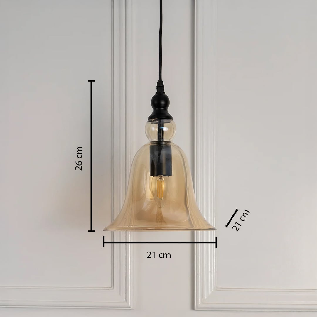 Dimension image of amber glass pendant light with black metal holder showing 26 cm height and 21 cm width.