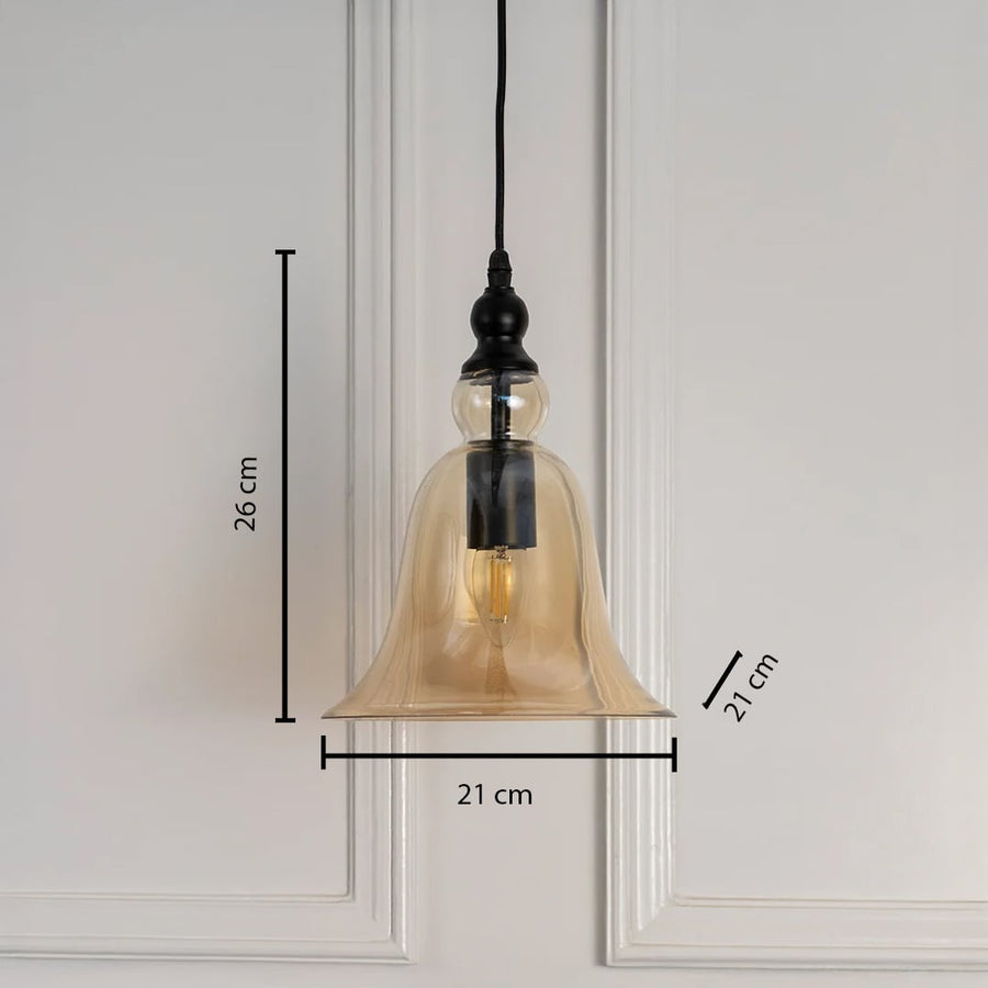 Dimension image of amber glass pendant light with black metal holder showing 26 cm height and 21 cm width.