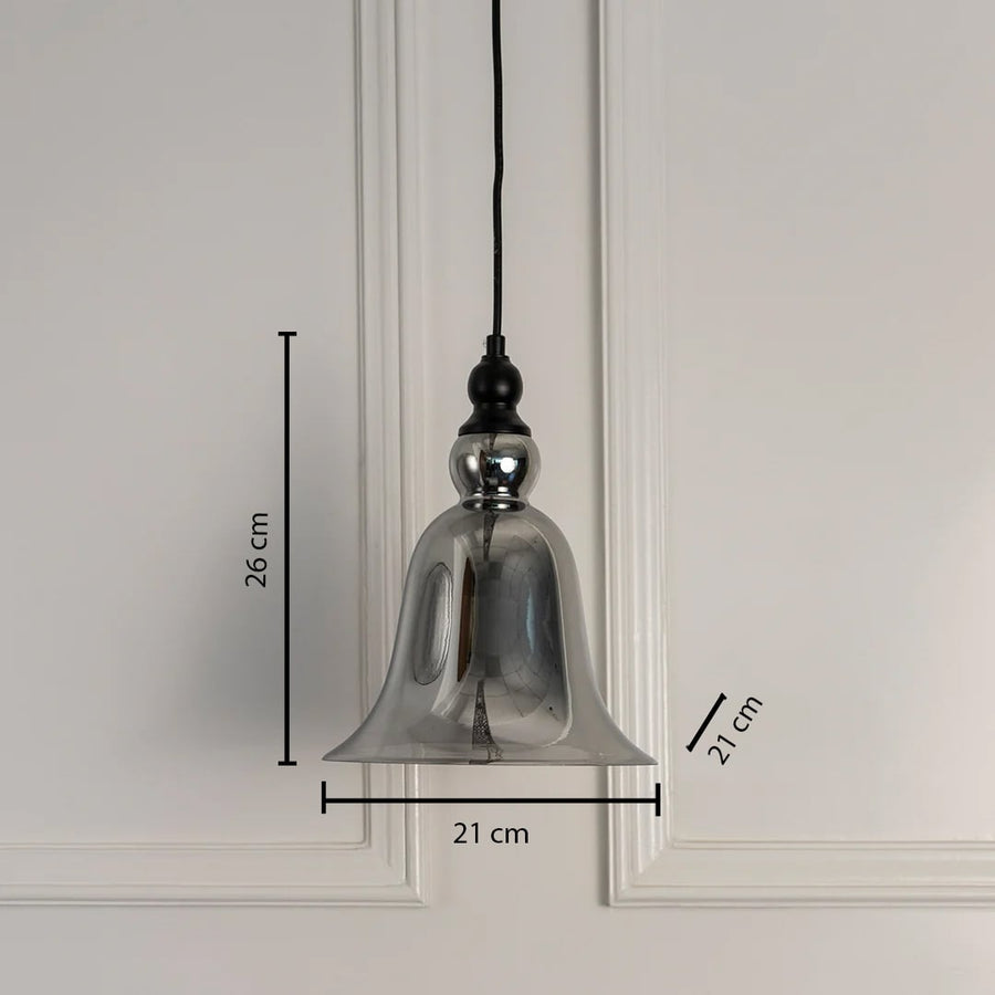 Dimension image of chrome finish metal pendant light with bell shape showing 26 cm height and 21 cm width.