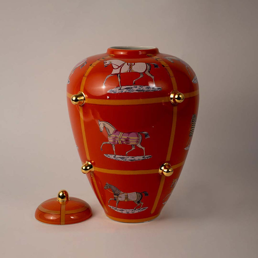White background image of ceramic ginger jar with orange finish gold knobs horse motifs 40x30cm decor vase.