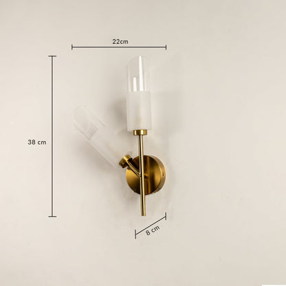 Brushed gold dual wall light with frosted glass shades measuring 38 cm height 22 cm width and 8 cm depth shown clearly for accurate placement.