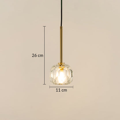 Dimension image of faceted clear glass pendant light with brass stem showing 26 cm height and 11 cm width.
