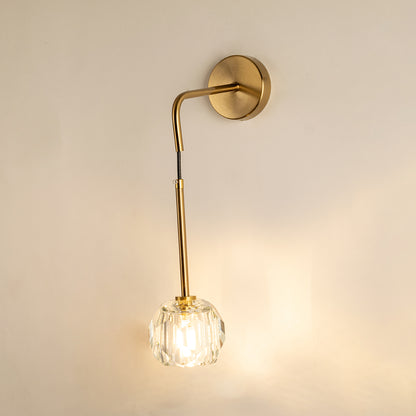 Elegant gold metal pendant wall light with crystal globe shade for luxury bedroom and hallway decor styling.