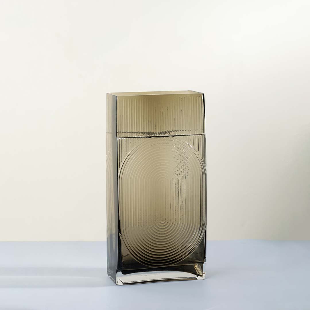 Smoke grey glass decorative vase with modern rectangular silhouette for tabletop styling and contemporary home decor.