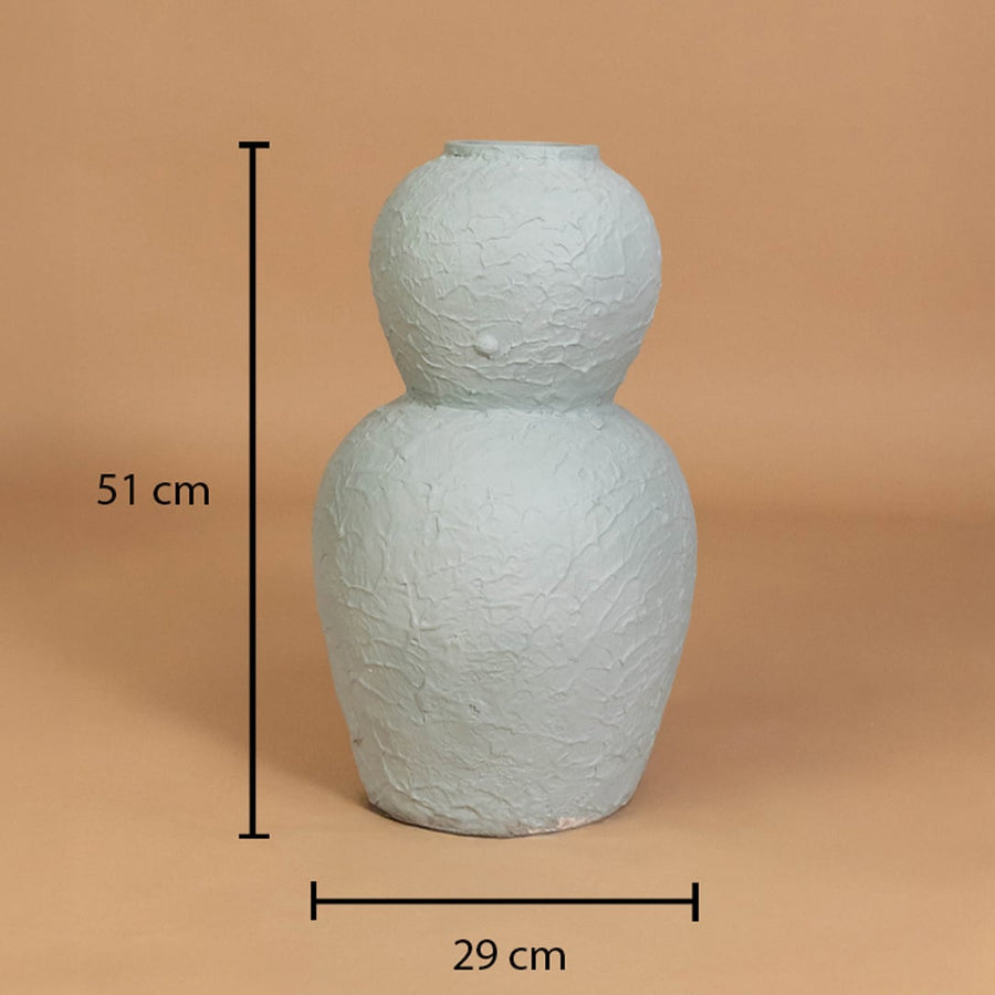 Textured light blue decorative vase shown with 51 cm height and 29 cm width for accurate placement in modern home interior decor settings.