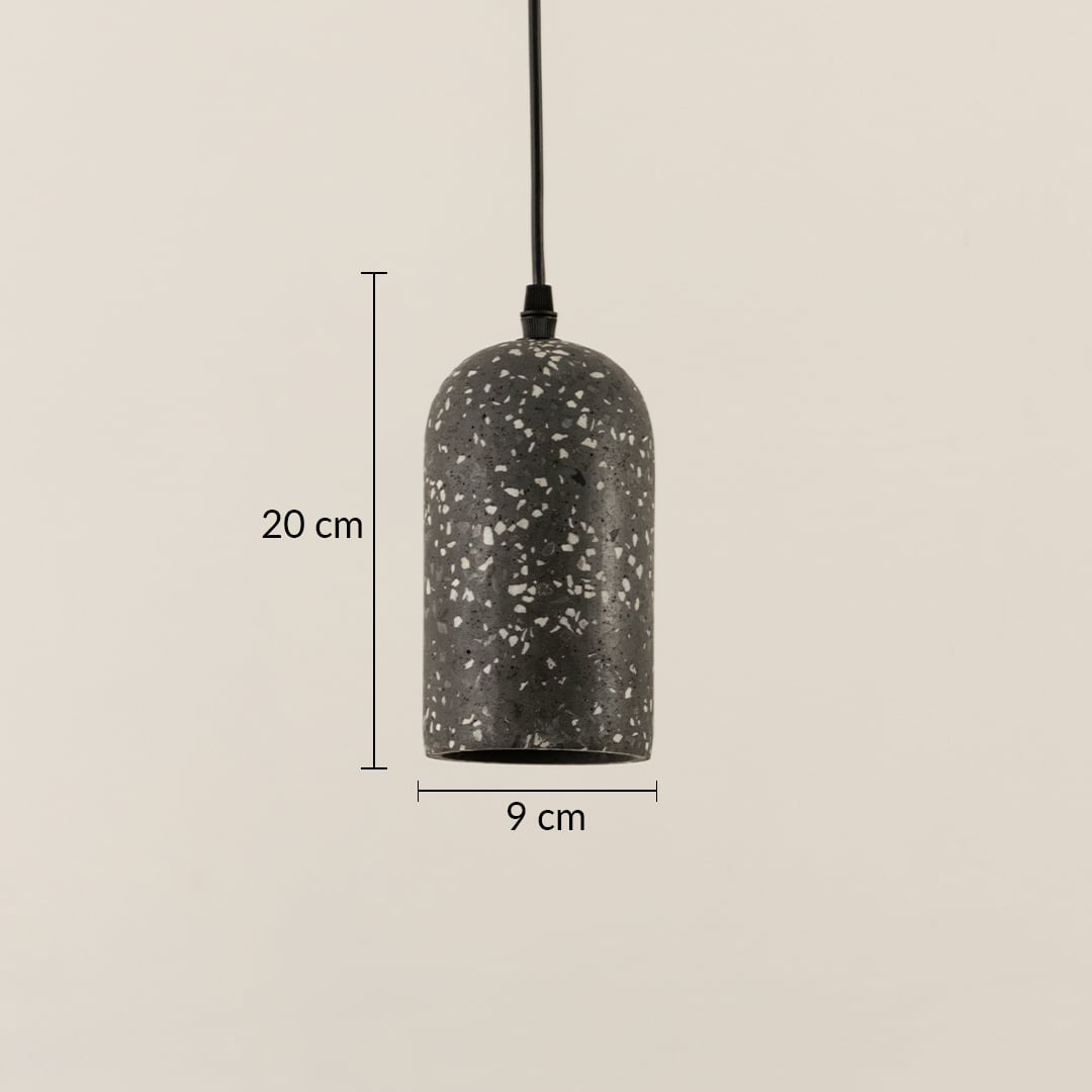Dimension image of black terrazzo pendant light with cylindrical dome shape showing 20 cm height and 9 cm width.