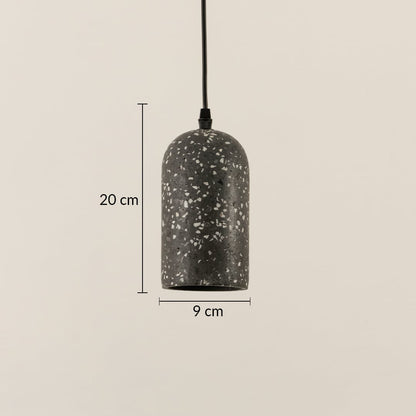 Dimension image of black terrazzo pendant light with cylindrical dome shape showing 20 cm height and 9 cm width.