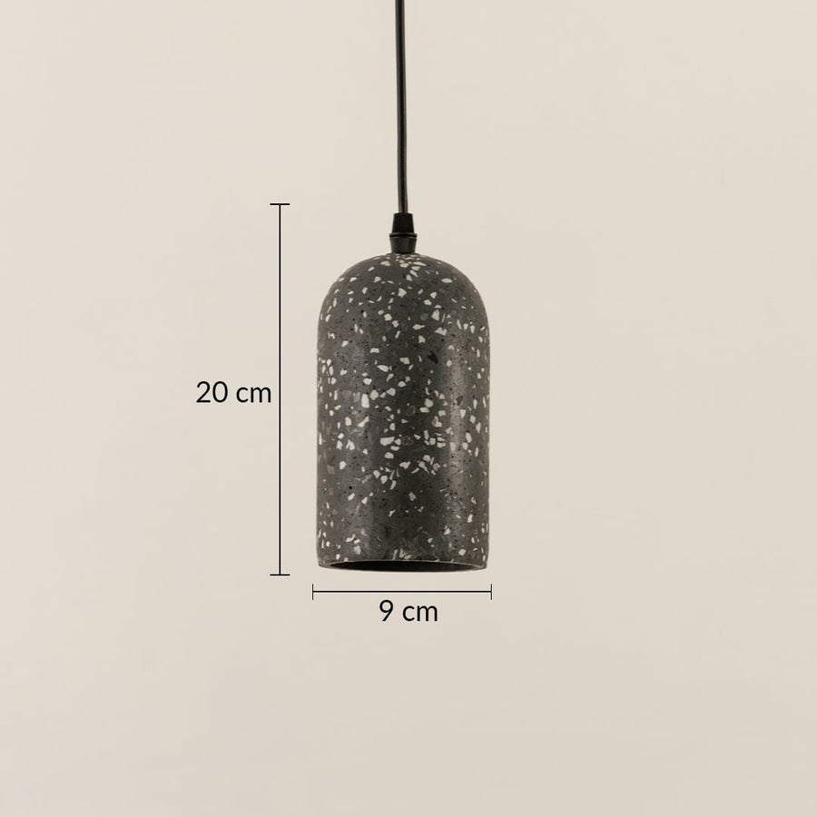 Dimension image of black terrazzo pendant light with cylindrical dome shape showing 20 cm height and 9 cm width.