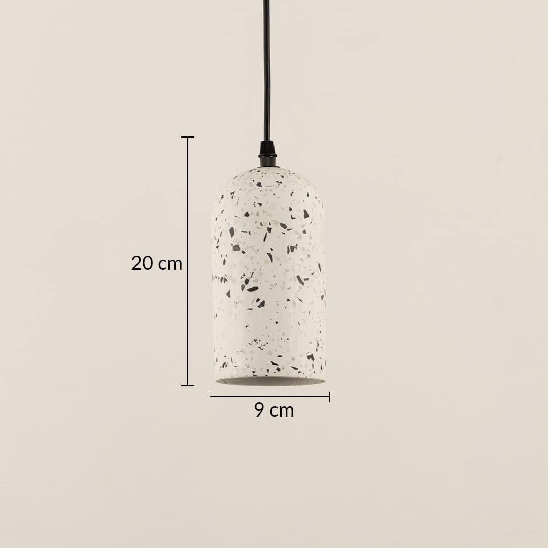 Dimension image of white terrazzo pendant light with cylindrical dome shape showing 20 cm height and 9 cm width.