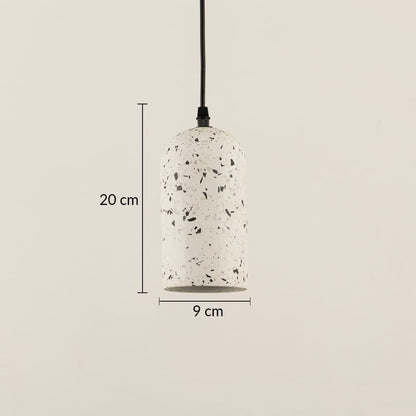 Dimension image of white terrazzo pendant light with cylindrical dome shape showing 20 cm height and 9 cm width.