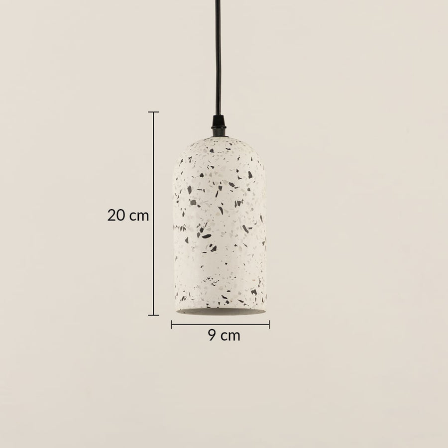 Dimension image of white terrazzo pendant light with cylindrical dome shape showing 20 cm height and 9 cm width.