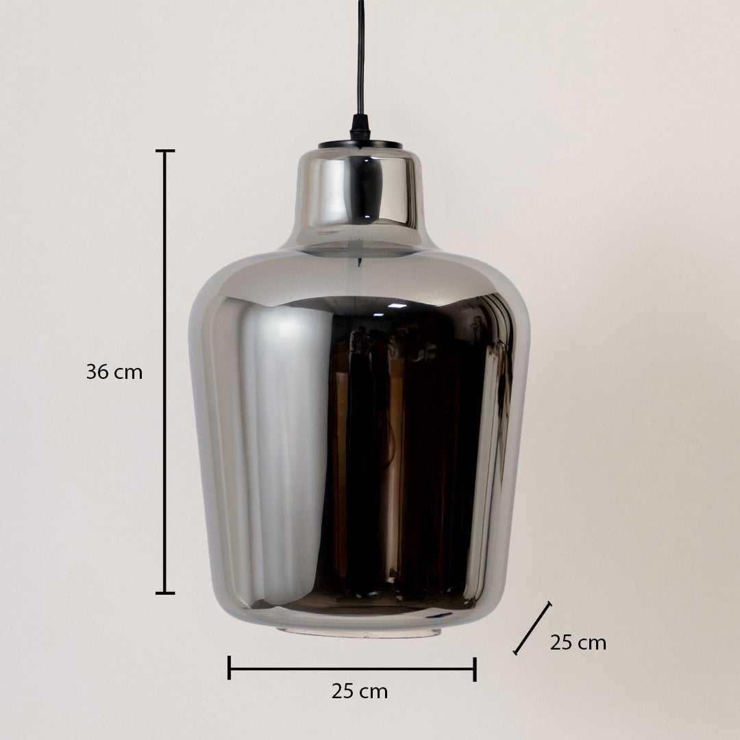 Smoked-glass pendant light turned off against a clean white background emphasizing its glossy reflective body and rounded form.