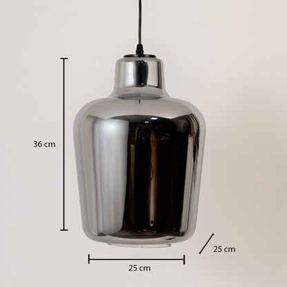 Smoked-glass pendant light turned off against a clean white background emphasizing its glossy reflective body and rounded form.