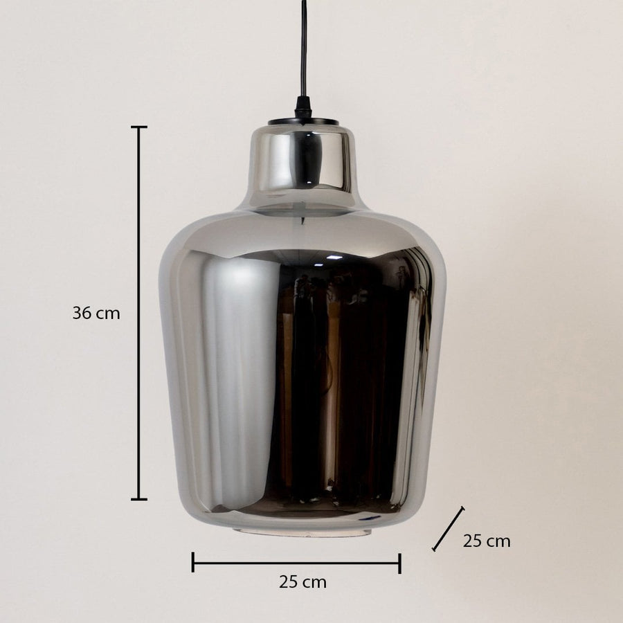 Smoked-glass pendant light turned off against a clean white background emphasizing its glossy reflective body and rounded form.