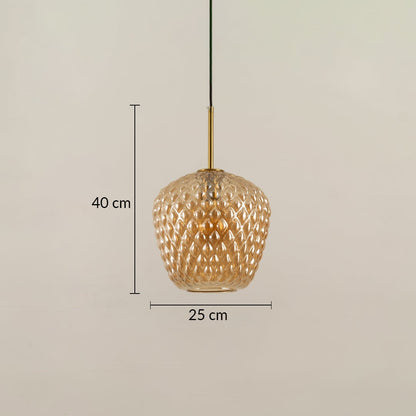 Amber textured glass pendant light with gold stem displayed with height 40 cm and width 25 cm offering clear size reference for interiors.
