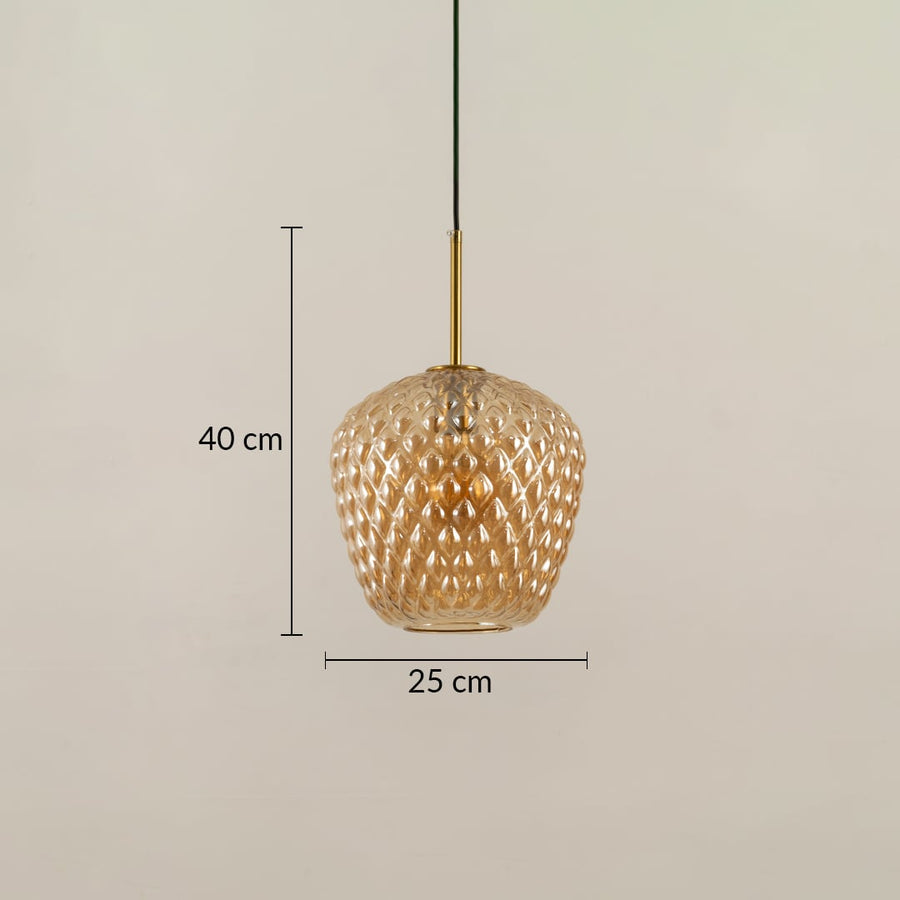 Amber textured glass pendant light with gold stem displayed with height 40 cm and width 25 cm offering clear size reference for interiors.