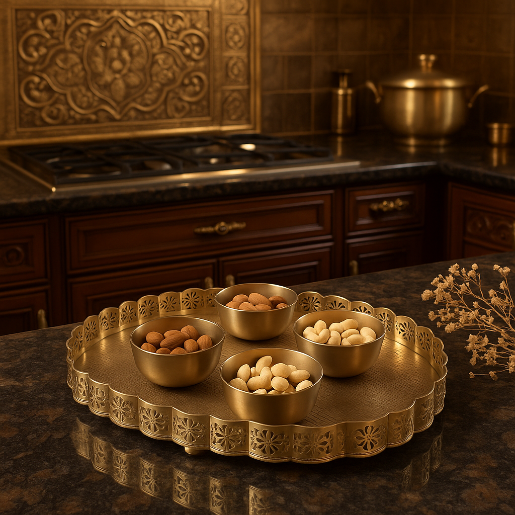 A golden serving tray with matching bowls filled with assorted nuts displayed on a dark kitchen counter creating a warm festive and elegant lifestyle scene.