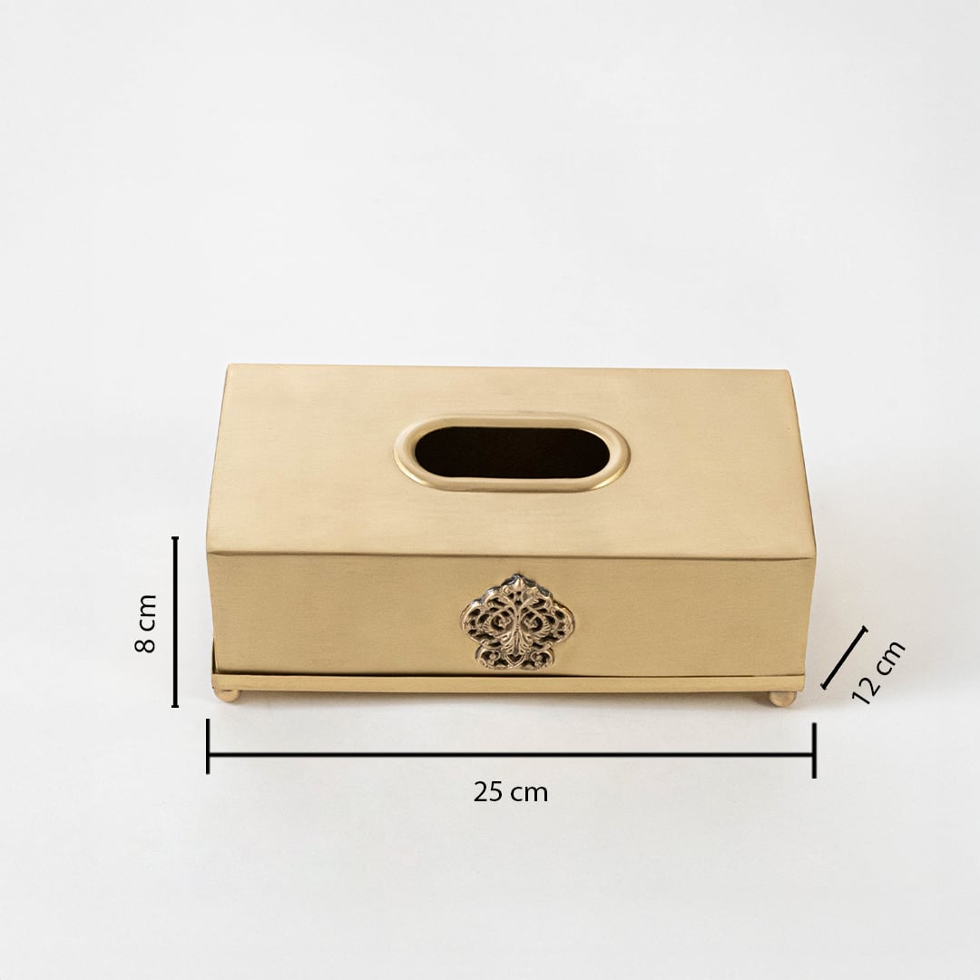 A gold tissue box shown on a white background measuring 25 cm in length 12 cm in width and 8 cm in height clearly displaying scale and proportions.