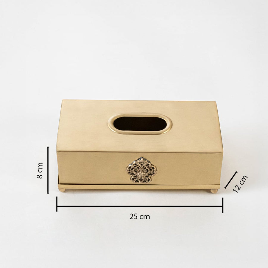 A gold tissue box shown on a white background measuring 25 cm in length 12 cm in width and 8 cm in height clearly displaying scale and proportions.