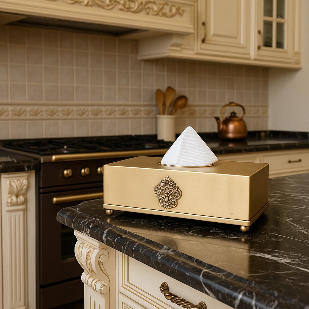 A gold tissue box with an elegant design displayed on a marble kitchen counter adding a refined touch to a classic interior with warm polished decor.